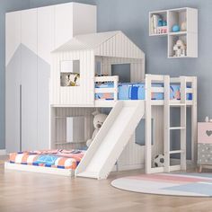 a child's bedroom with bunk beds and a slide