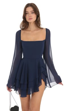 Chiffon Bell Sleeve Dress in Navy | LUCY IN THE SKY School Dance Dresses, Cute Homecoming Dresses, Lucy In The Sky, Hair Stylies, Grad Dresses, Dresses Ideas, Hoco Dresses, Bell Sleeve Dress, Looks Style