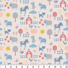 an animal themed wallpaper with farm animals and trees in pastel blue, pink, red, yellow, and orange colors