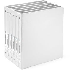 six white binders stacked on top of each other in front of a white background