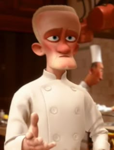 a cartoon character in a chef's uniform pointing to the side with two other chefs behind him