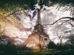 the eiffel tower in paris is surrounded by trees and grass, under a cloudy sky