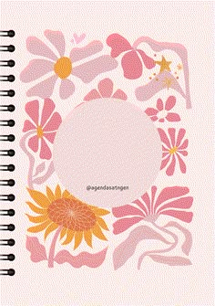 a spiral notebook with pink and yellow flowers on the cover, next to a white circle