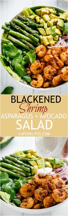 two plates filled with shrimp and asparagus on top of each other, next to the