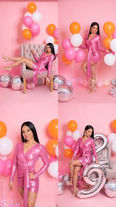 the woman is posing in her pink outfit with balloons and heliums on the floor