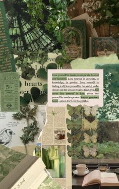 a collage of books, plants and other items in green tones with words written on them