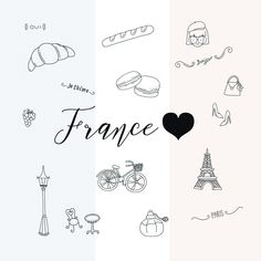 the words france are written in black and white with pictures of different types of food