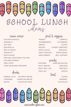 the school lunch menu is shown with colorful crayons and pencils on it