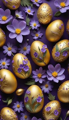 purple and gold easter eggs with flowers on them