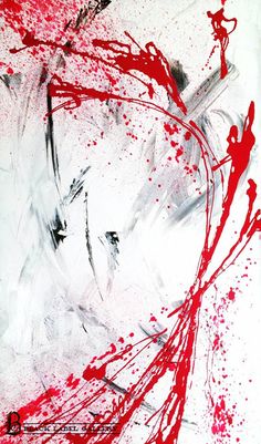 an abstract painting with red and white paint splattered all over it's surface