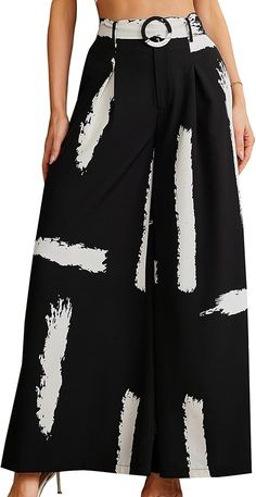 SweatyRocks Women's High Waist Belted Pockets Pants Graphic Print Wide Leg Loose Palazzo Pants Trousers Black and White XL at Amazon Women’s Clothing store Pockets Pants, Overalls Pants, Printed Trousers, Pants Pattern, Pocket Pants, Palazzo Pants, Amazon Women, Pants Trousers, Look Book