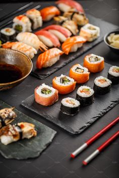 sushi and chopsticks on a table