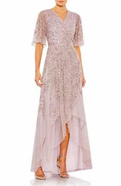 Mac Duggal Sequin Surplice A-Line Gown | Nordstrom Vintage Lilac, High Low Gown, Mother Of Bride Dresses, Mac Duggal Dresses, Mother Of The Groom Dresses, Beaded Chiffon, Butterfly Sleeve, Mob Dresses, Mother Of Groom