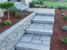 the steps are made out of stone and have plants growing on each side of them