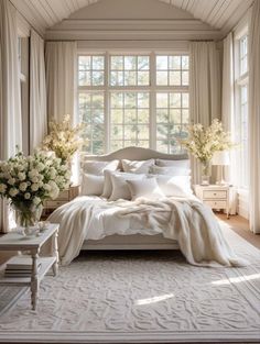 a bedroom with white bedding and flowers in vases on the side of the bed