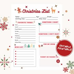 a printable christmas list with snowflakes and reindeers on the side, in red