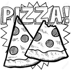 two pieces of pizza with the word pizza written in black ink on a white background