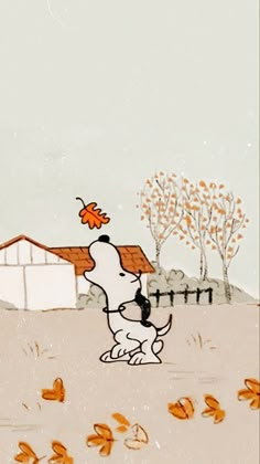 a drawing of a dog standing in front of a house with autumn leaves on the ground