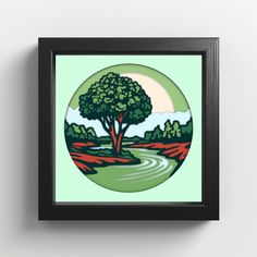 a painting of a tree in the middle of a field with a river running through it