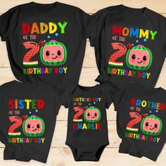 three matching birthday shirts for the two year old boy and his sister, both with watermelon on them