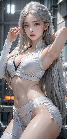 an image of a woman with long grey hair and no shirt on posing for the camera