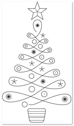 a christmas tree with stars and swirls on it, drawn in black and white