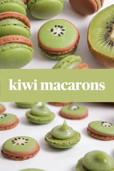 top photo shows top view of a macaron shell piped and decorated to look like a kiwi cross section, middle band reads kiwi macarons, bottom photo is side view of kiwi macarons being filled with kiwi ganache Beginner Macaron Recipe, Unique Macaron Flavors, Kiwi Macarons, Macaroon Designs, Macarons Filling Recipe, White Chocolate Ganache Filling, Macaroon Filling, French Macaroon Recipes, Kiwi Design