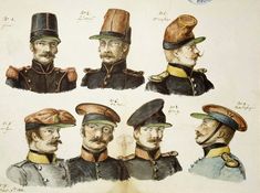 an old fashion drawing of men's hats and uniforms from the early 19th century