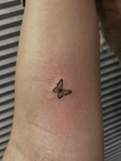 a small butterfly tattoo on the wrist is shown in black and grey colors, with an outline of a butterfly