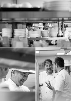 black and white images of chefs in a kitchen talking to each other while another man looks on