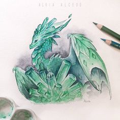 a watercolor drawing of a green dragon sitting on top of a leafy plant