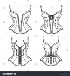 four different corsets with laces and bows on the waist, front and back view