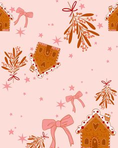 a pink background with gingerbreads and stars on it's side, including two houses