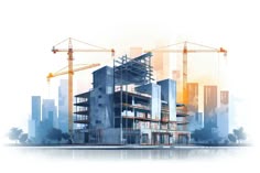 an image of a building under construction with cranes in the background and cityscape behind it