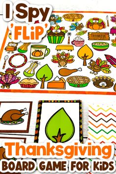 a thanksgiving themed board game for kids to play with the words, i spy flip