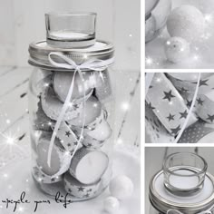 a glass jar filled with white and silver ornaments