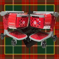 two red shopping carts sitting next to each other on top of a tartan background