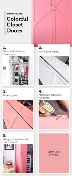 the instructions for how to paint an interior door with pink and white paints on it