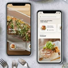 two iphones with food on them next to silverware and utensils in front of them