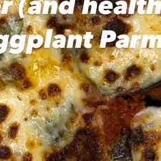 a close up of a pizza with cheese and meat toppings on it, text overlay reads sour and healthy eggplant parmesan pizza