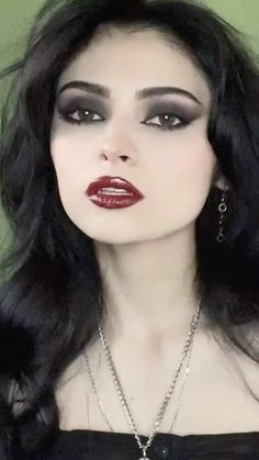 Dark Eyeshadow Red Lips, Black Eyeshadow And Red Lips, Red Dark Makeup, Light Dark Makeup, Romance Goth Makeup, Black Lipstick Makeup Looks, Dark Red Lip Makeup Look, Dark Lipstick Looks, Red And Black Makeup Looks