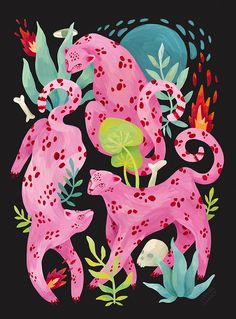 two pink leopards are in the middle of some plants and flowers on a black background