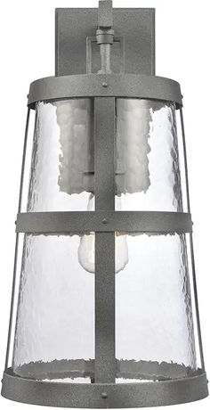 an outdoor light fixture with clear glass on the front and side panels, hanging from a metal