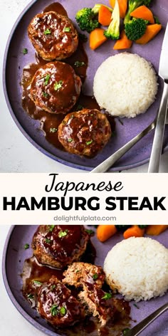 a plate of Japanese hamburger steak served with rice and vegetables Japanese Hamburger, Hamburg Steak, Juicy Hamburgers, Resep Salad, Mapo Tofu, Hamburger Steak, Oreo Brownies, Steamed Vegetables