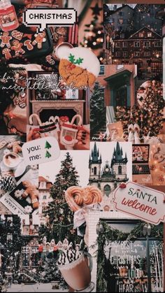 a collage of christmas pictures with santa and other holiday related items in the background