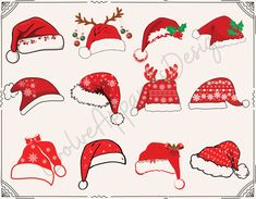 christmas hats and mittens are shown on a white background