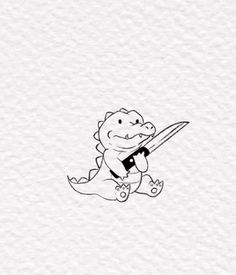 Crocodile Tattoo Cute, Cartoon Alligator Tattoo, Dino Holding Knife Tattoo, Dinosaur Holding Knife Tattoo, Thruple Tattoos, Alligator Tattoo Cute, Dinosaur With Knife Tattoo, Animal With Knife Tattoo, Walkin Tattoo Ideas