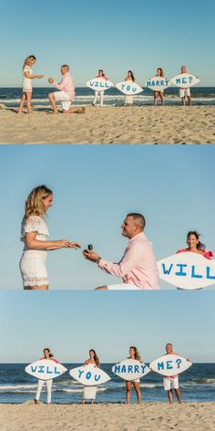 people on the beach holding surfboards with words written on them