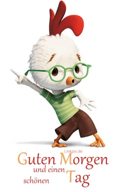 an animated chicken wearing glasses and pointing at the word h on it's side