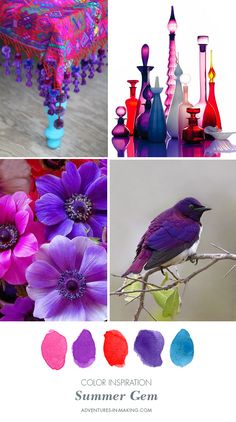 a collage of different colored vases, flowers and a bird on a branch